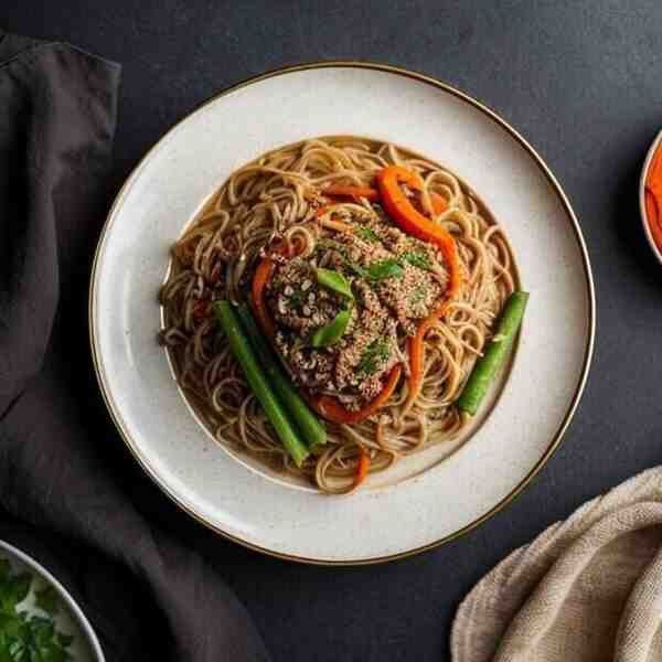 Гречневая лапша с курицей и овощами